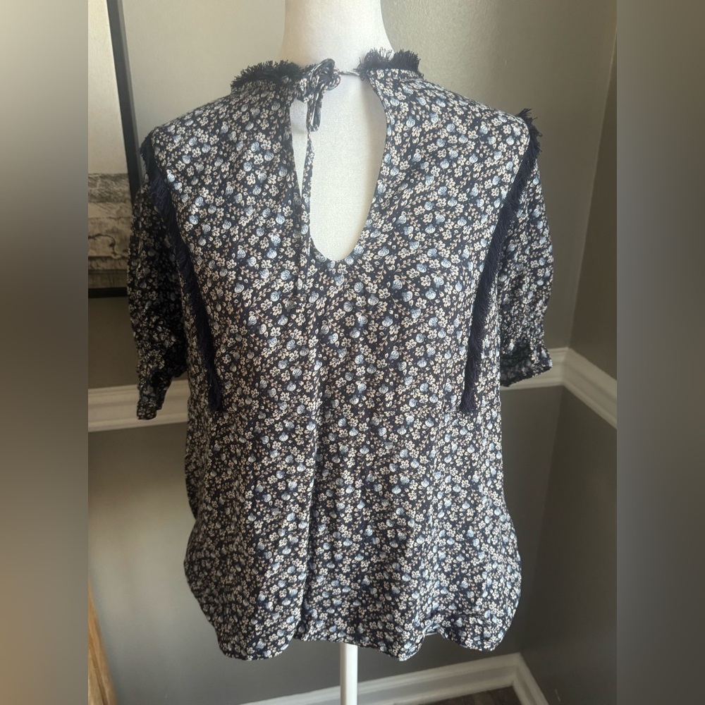 H&M Navy blue Ditsy Floral Fringe Trim Boho Blouse Short sleeve boho top Size 12